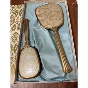 Vintage Vanity Hair Brush & Mirror Goldtone Metal With Box Larger Size Antique